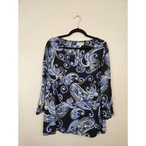 JM Collection Paisley Print Blouse Top Elegant Career Casual Black Blue XL